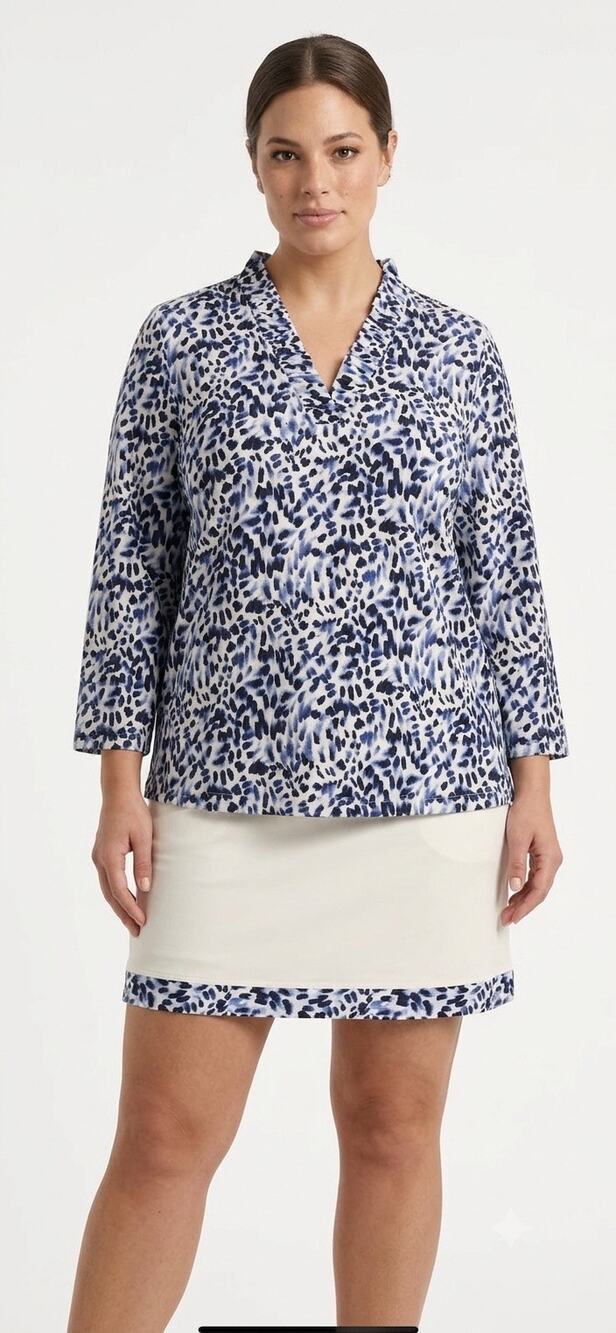 Chicos Zenergy UPF V Neck Ruffle Top Skort Set Black Blue Women 1.5 Medium 10 12